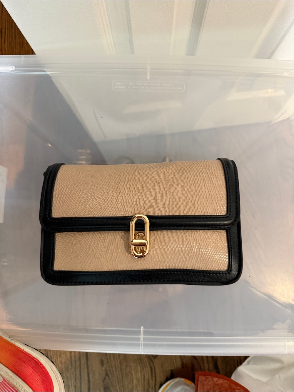 Neutral Beige Crossbody with Black Trim and Gold Clasp